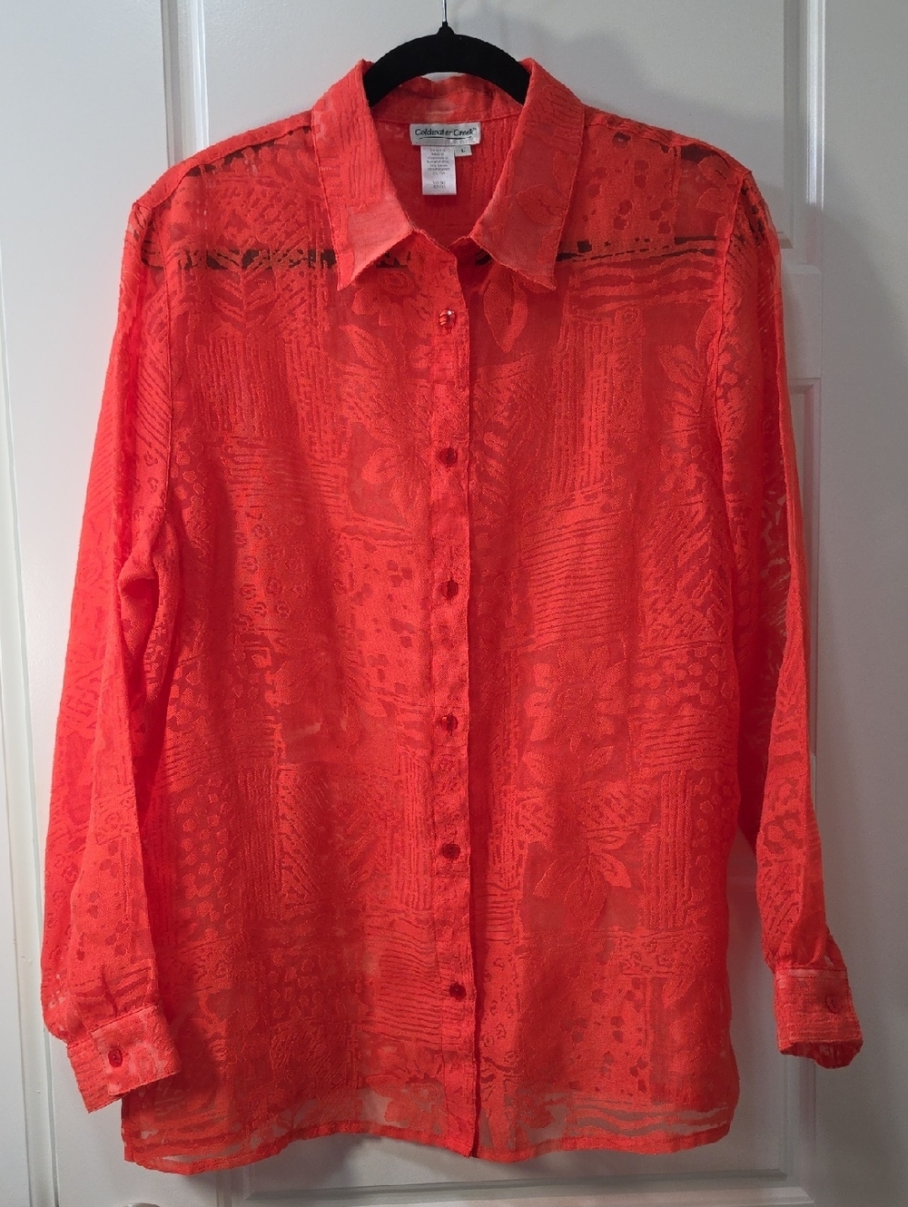 Coldwater Creek Bright Coral Button-Front Burnout Top - Large